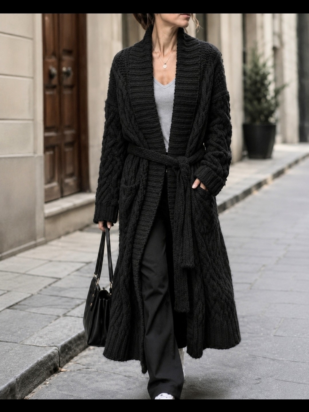 Ricki's Long Black Cable-Knit Belted Cardigan